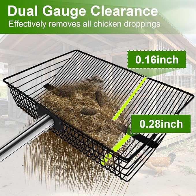 12inch Large Chicken Poop Scooper，2 Widths of Slots Litter Sifting Shovel （23 to 66"），Chicken Coop Litter Scoop with Stainless Steel Handle, 4 in 1 Multifunctional Heavy Duty Chicken Coop Accessories