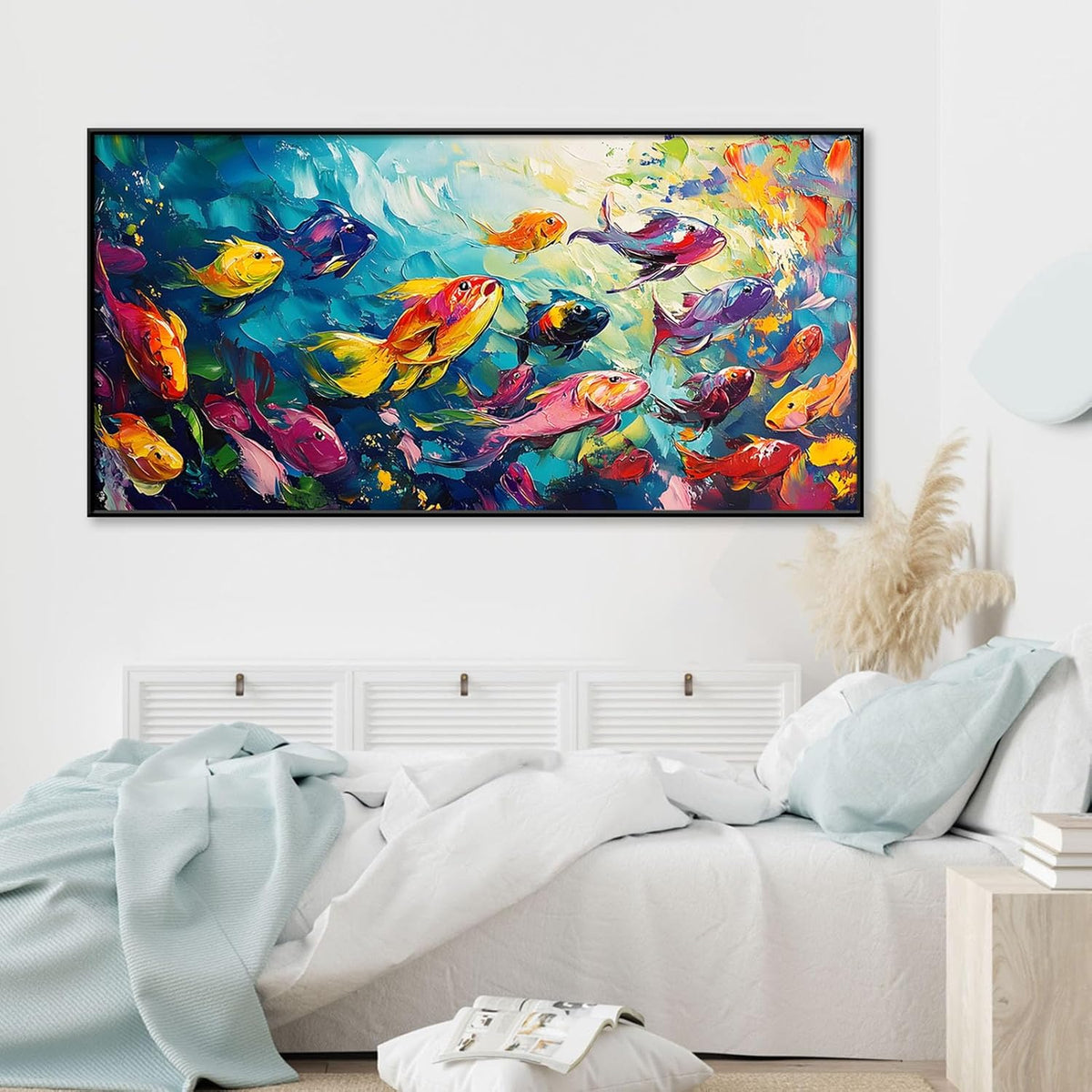 School of Fish Printed Canvas Wall Art – Framed Abstract Ocean Print – Vibrant Fish Wall Decor for Living Room, Bedroom, Office (Gold Framed, 31"x15"|80x40cm)