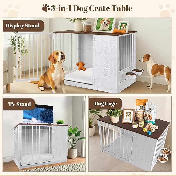 Dog Crate Furniture for Large Dogs, 36" Indoor Wooden Dog Kennel with 270° Swivel Door & 360° Rotating Feeder, Decorative Heavy Duty Dog House with Double Locks & Bowls, White