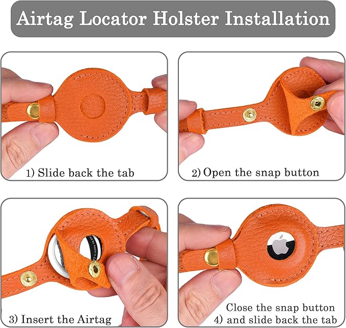 OOPSDOGGY Leather AirTag Cat Collar with Bell - Non Breakaway Kitten Collar with Apple Air Tag Holder - Lightweight GPS Pet Collars for Girl Boy Cats, Small Dogs, Puppies (Orange)