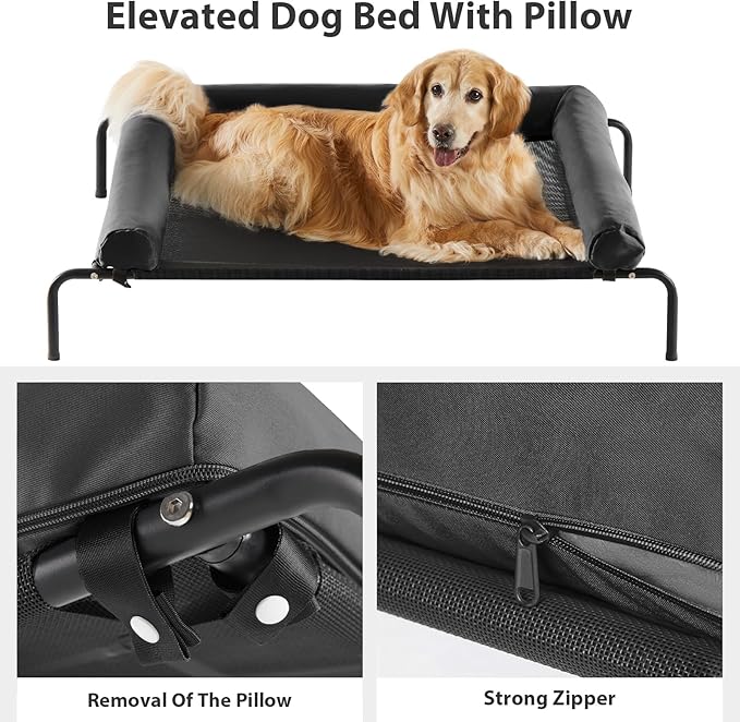 RRPETHOME Large Elevated Cooling Dog Bed, Raised Dog Cot Beds for Large Dogs, Elevated Outdoor Pet Bed, Chew Proof Portable Cooling Pet Cot with Skid-Resistant Feet and Breathable Mesh
