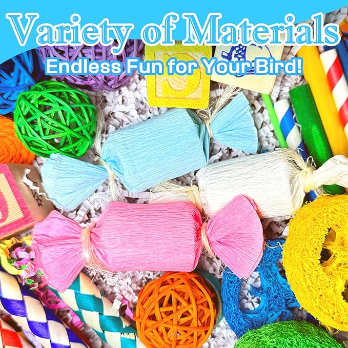 Colorful Bird Foraging & Shredding Toys Box – Safe Bird Toys for Parakeets, Cockatiels, Conures & Small Birds, Perfect for Spring and Summer
