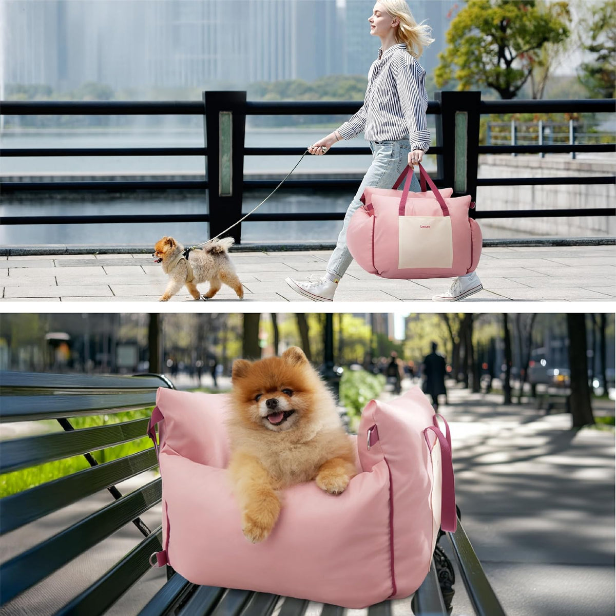 Lesure Small Dog Car Seat for Small Dogs -Soft Dog Booster Seat for Car with Storage Pocket and Clip-On Safety Leash and Thickened Memory Foam Filling, Pet Travel Carrier Bed Strawberry Cream