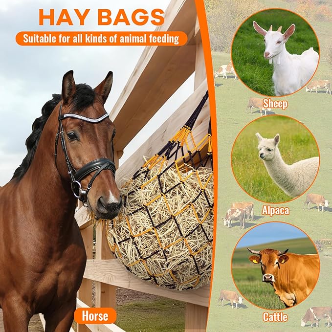 3 Pcs Hay Bags for Horses, Hay Nets for Horses Goat Sheep,Goat Hay Feeder for Slower Feeding,Strong Load-Bearing Hay Bag Hanging for Horse Stable Trailer (Black and Yellow)