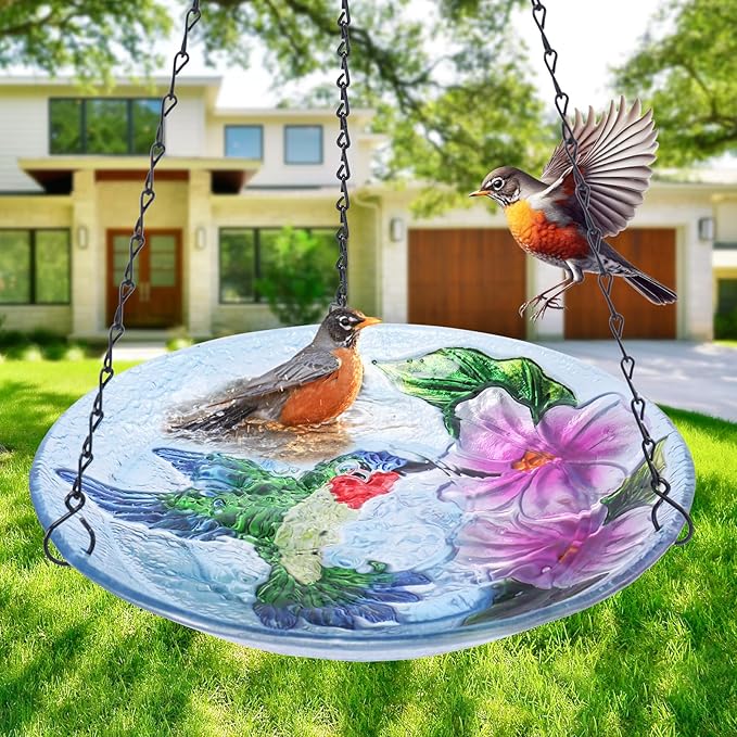 VCUTEKA Glass Hanging Bird Bath for Outdoors, BirdBaths with 21-Inch Rust-Proof Chain, Garden Yard Decor, Hummingbird Pattern