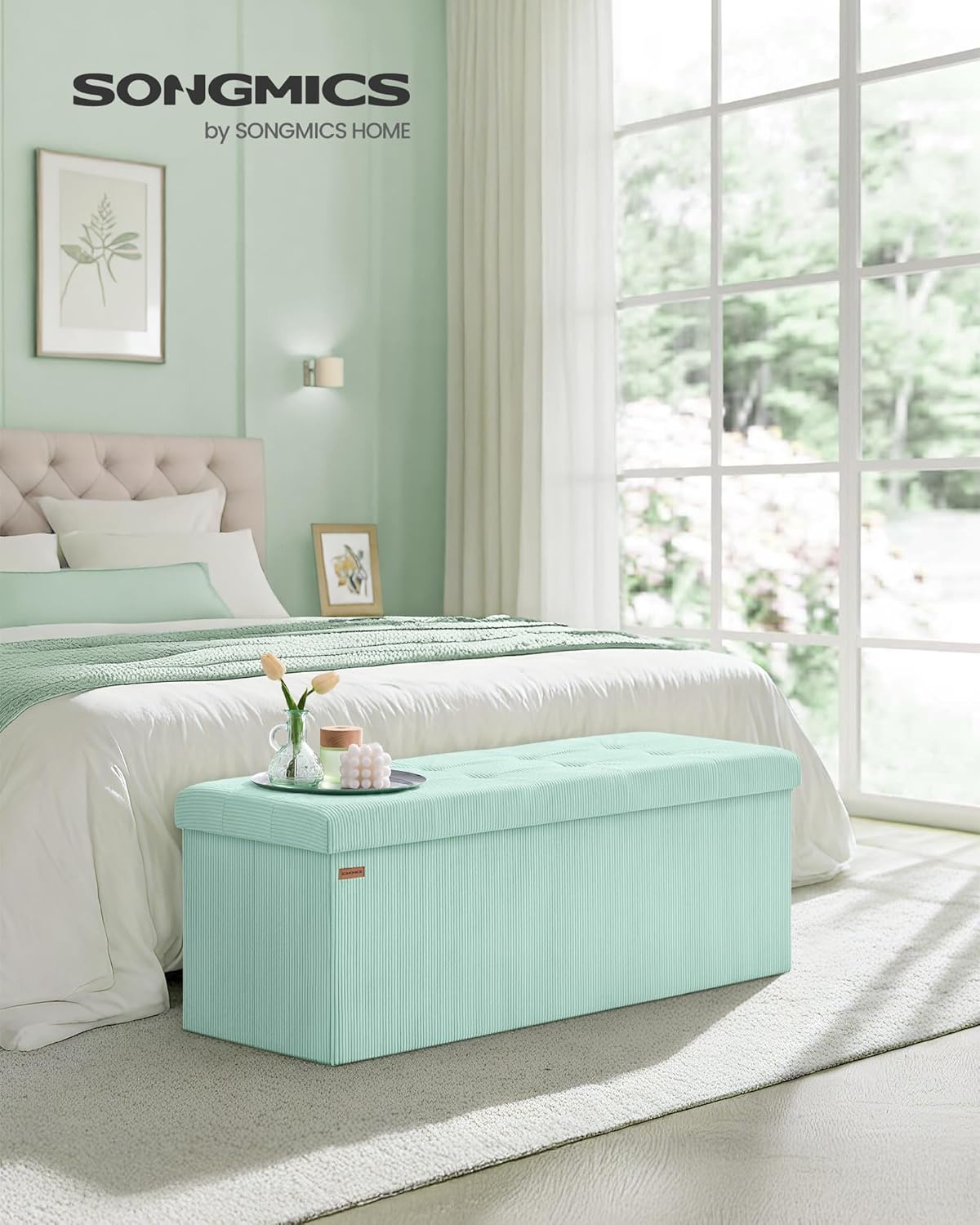 SONGMICS MAZIE Collection - Storage Ottoman Bench, Foldable Foot Rest, 15 x 43 x 15 Inches, End of Bed Bench, Storage Chest, Load 660 lb, Living Room, Bedroom, Entryway, Moonlight Green ULSF604C01
