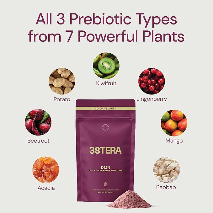 DMN (Daily Microbiome Nutrition), 6 Oz, Plant-Based Fiber Powder with 3 Different Prebiotics, Helps Digestive & Gut Health, Low FODMAP Supplement, Vegan, Wild Berry Flavor, 30 Servings