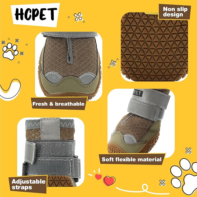 Hcpet Dog Shoes for Large Dogs, Breathable Dog Booties for Small Medium Dogs, Anti-Slip Dog Boots & Paw Protectors for Hot Pavement Winter Snow Hiking with Reflective Straps Army Green Size 2
