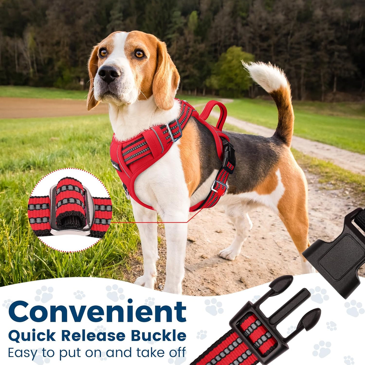 Funfox Dog Harness No Pull, Adjustable Pet Vest Harness, Super Soft Material with Vertical Handle Easy Control, Reflective Night Walking, 2 Leash Clips for Small Sized Dogs, Red, S