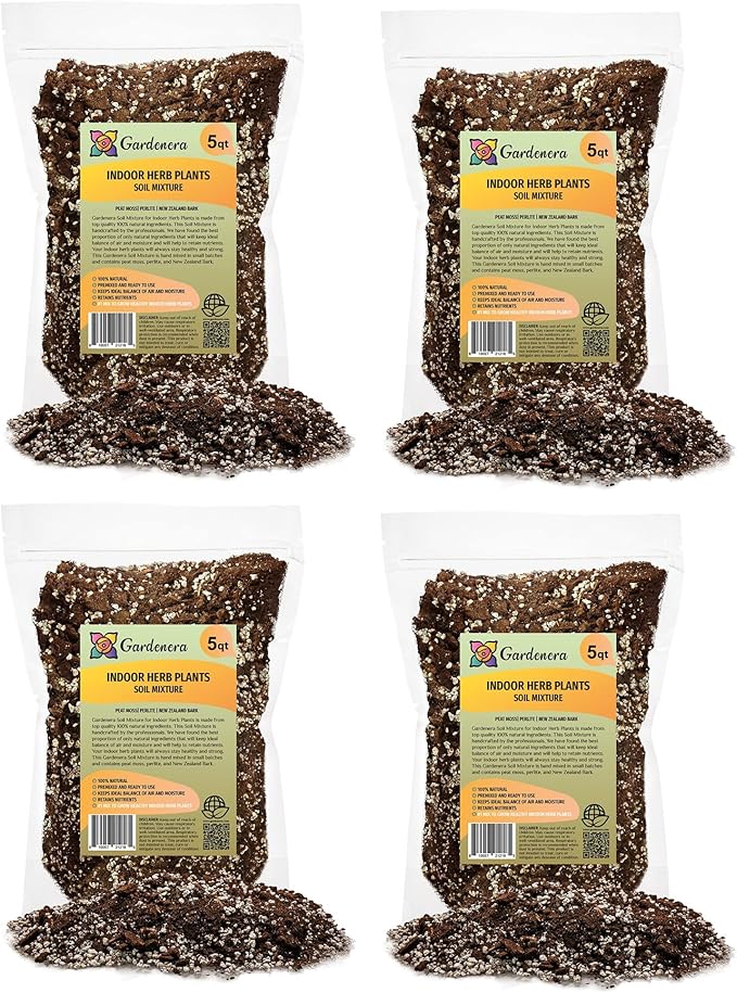 Gardenera Soil Mixture for Indoor Herb Planters - 10 Quart - Specially Blended Soil Mixture for Planting and Growing Indoor Kitchen Herbs Indoors (4 Bags of 5 Quart)