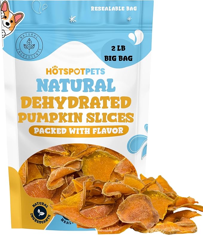 hotspot pets Dehydrated Natural Pumpkin Slices for Dogs- Crunchy Treats- 2lb Value Bag, All-Natural - High Protein, Great for Sensitive Stomachs, Low Fat, A Healthy Rawhide Alternative for All Dogs