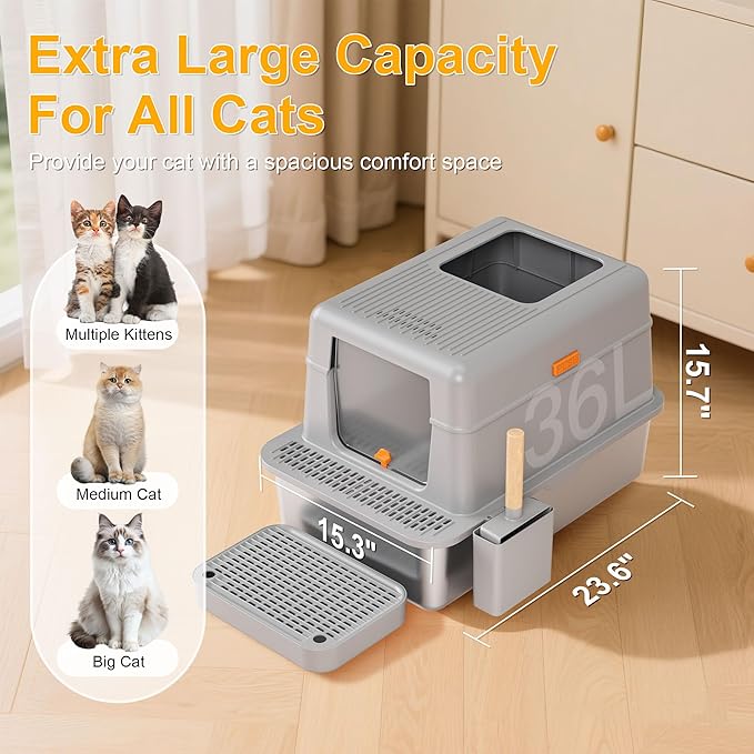 Stainless Steel Litter Box with Lid, 20L Metal Enclosed Litter Box for Big Cat, Flip-Top Design with Anti-Leakage High Sides, Large Cat Lovers Gifts (#1 Gray)