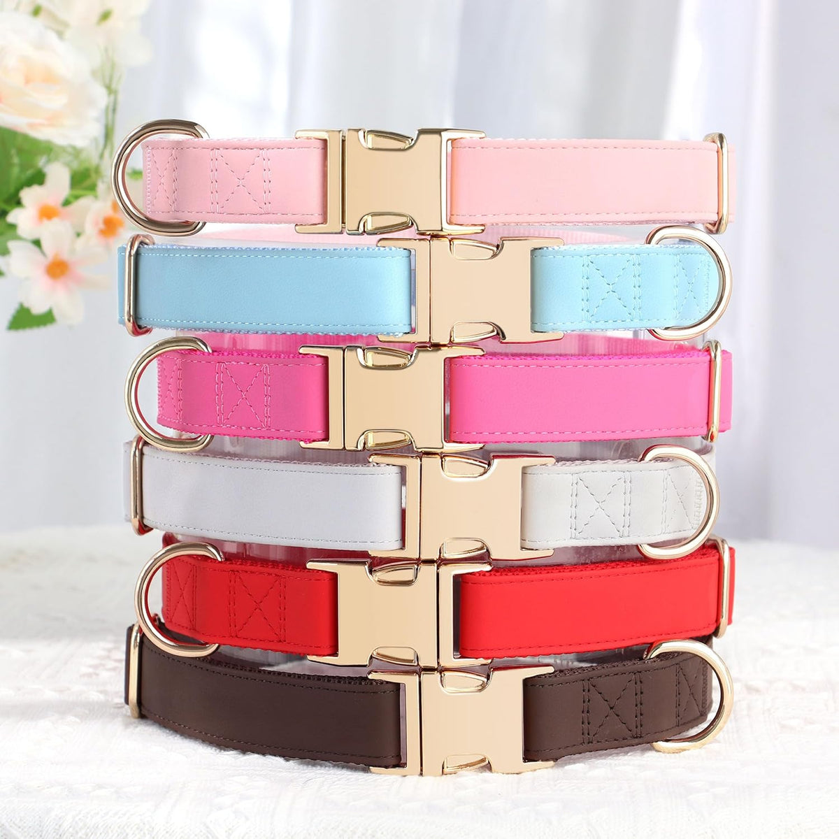 PET ARTIST Soft PU Leather Dog Collar, Bright & Classic Red Dog Collar with Quick Release Rose Metal Buckle, Adjustable Nylon Padded Durable Pet Collars for Large Dogs Girl, Neck Fit 16-27"