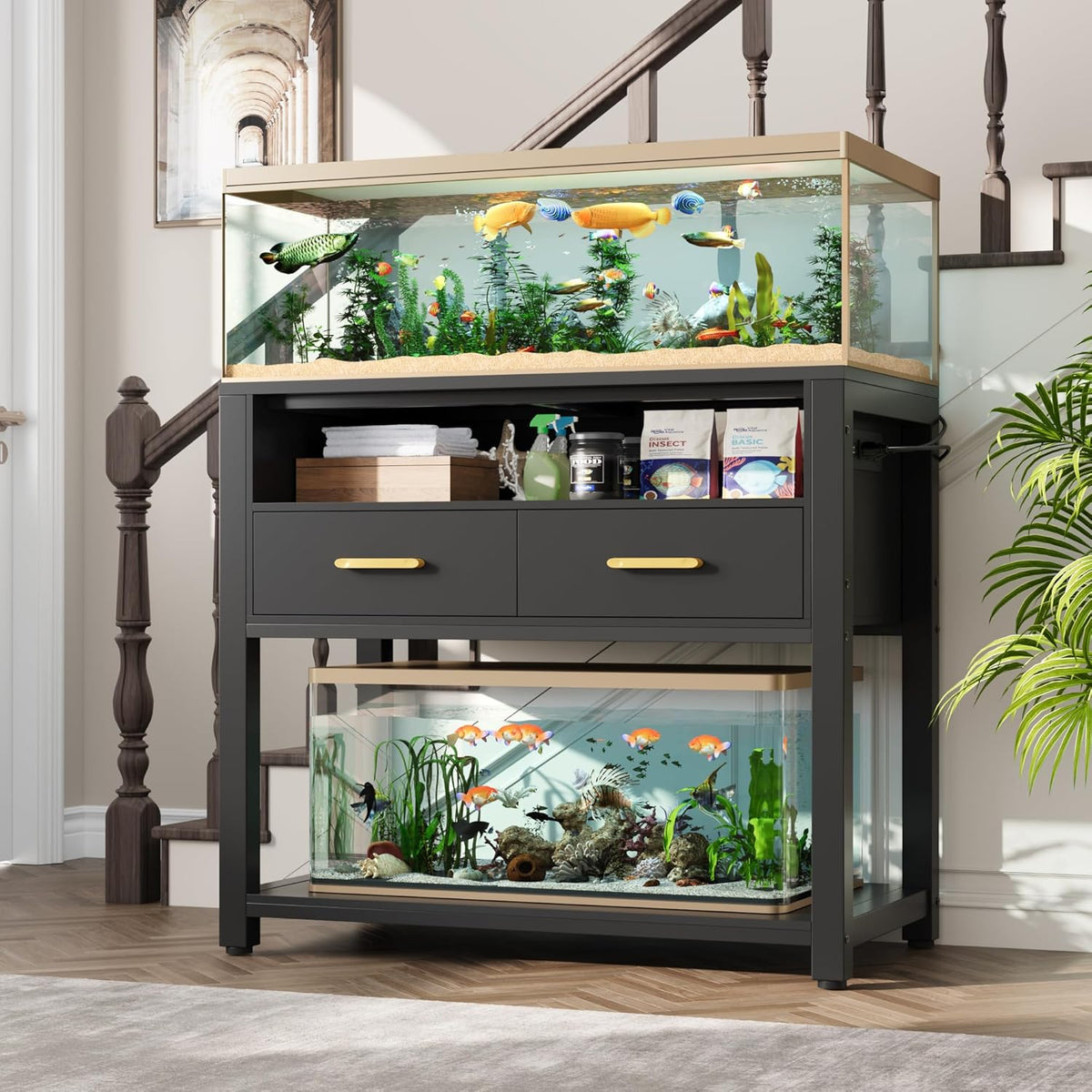 40-50 Gallon Aquarium Stand with Stable Metal Frame & Power Outlet, Heavy-Duty Fish Tank Stand with Waterproof Mat, 800LBS Capacity Storage Cabinet, Suitable for Turtle Tank, Reptile Terrarium, Black