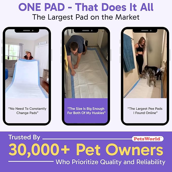 PETSWORLD Mega-Sized Dog Pee Pads (40" x 99") – 4XL Gigantic Pet Piddle Pads for Puppy Training, Incontinence – with Adhesive Sticky Tape – Leak Proof, 5-Layer Protection (240 Count)