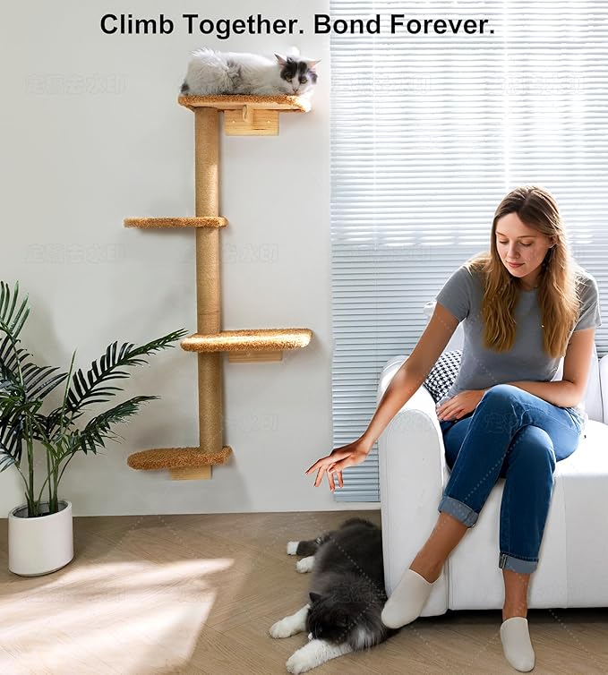 Brown Wall Mounted Cat Wall Climber & Tree for Kittens, 4 Platform Cat Shelves with Brown Plush Cushions, Floating Furniture for Climbing, Lounging, Scratching – 49” Tall