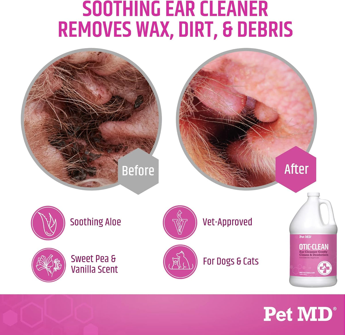 Pet MD Otic-Clean Dog Ear Cleaner - Veterinarian-Formulated Otic Ear Solution for Dogs & Cats - Pet Ear Cleaner for Itch, Odor, & Wax Buildup - Deodorizing Cat Ear Cleaner Solution - 1 Gallon