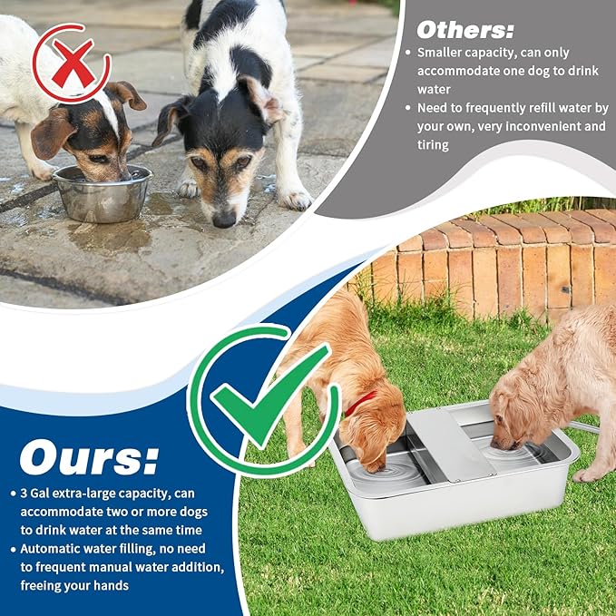 BWOGUE 3 Gal Automatic Dog Water Dispenser for Large Dogs Stainless Steel Outdoor Water Bowl Large Breed Self Filling Dog Waterer Feeder for Dogs Cat Chicken Livestock