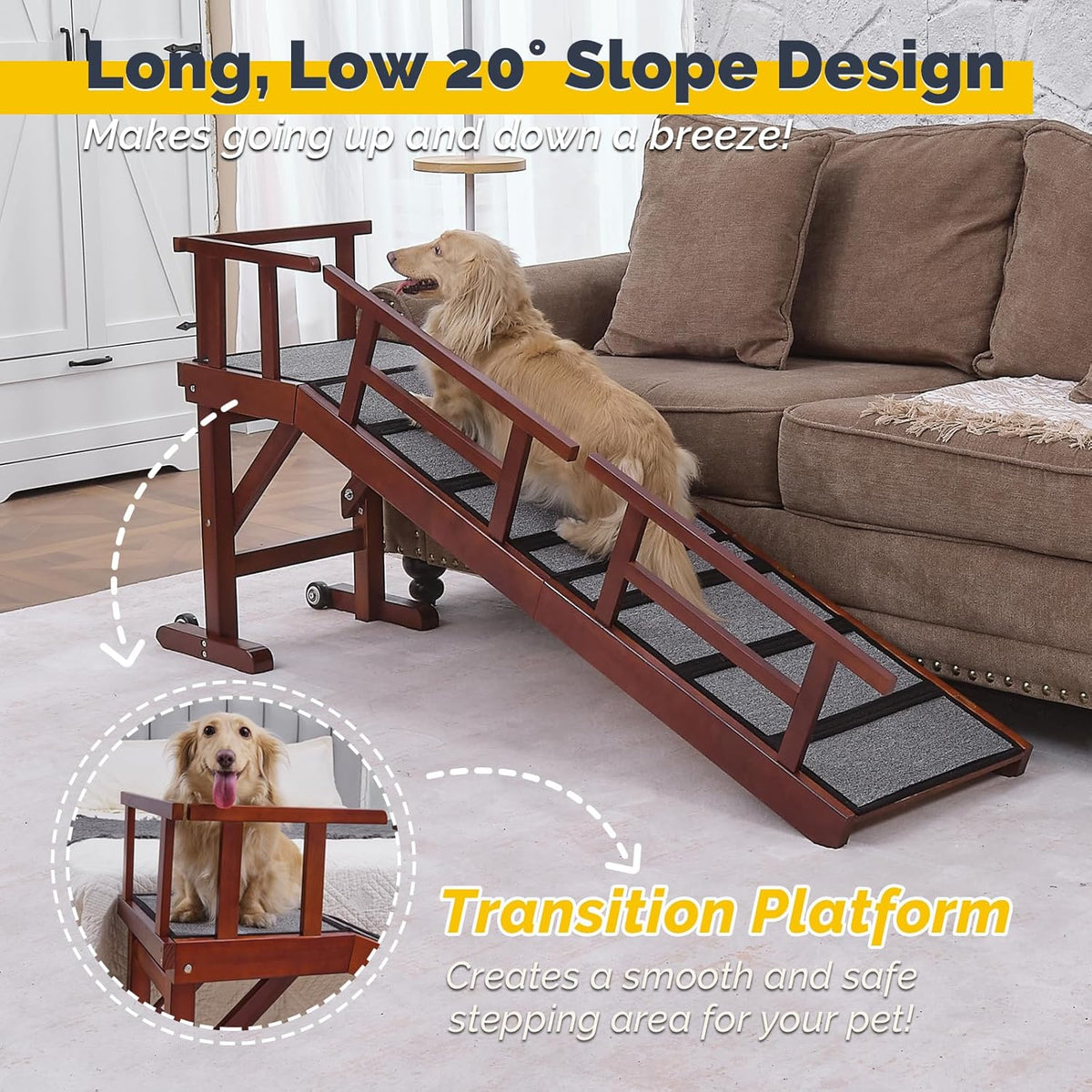 Dog Ramp for Bed or Couch, Wooden Pet Ramp with 20° Gentle Slope, Removable Side Rails, Non-Slip Surface, Top Platform & Wheels, Safe Bed Ramp for Small, Medium & Senior Dogs, 60" Long, Mahogany
