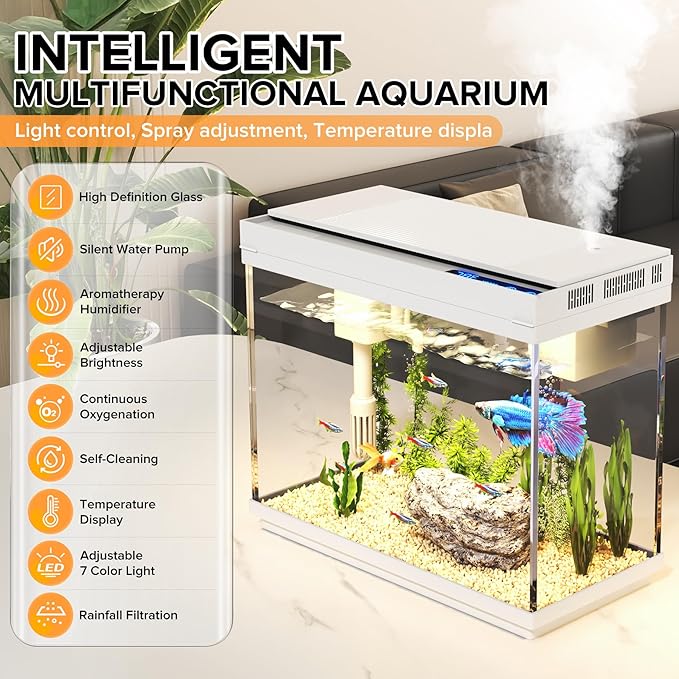 Fish Tank 2.4 Gallon Aquarium Kit with Humidifier 7-Color Auto-Looping 3 in 1 Quiet Pump with Filteration & Oxygenation & Circulation, Temperature Display, HD Glass