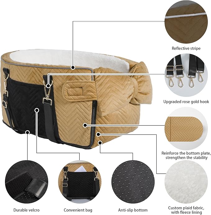 Dog Car Seat for Small Dogs Adjustable Portable Center Console Dog Car Seat Removable Cat Booster Cars Seats - Safety Belt with Cushion Anti-Collapse for Puppy Kitten Up to 15 Lbs