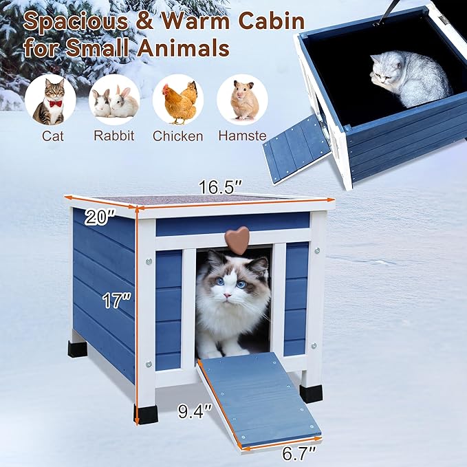 Rockever Outdoor Cat House, Insulated Outdoor Cat House with Warm Liner for Winter, Weatherproof Rabbit Hutch Bunny Cage, Wooden Outside Shelter for Feral Cats, Rabbits-Blue