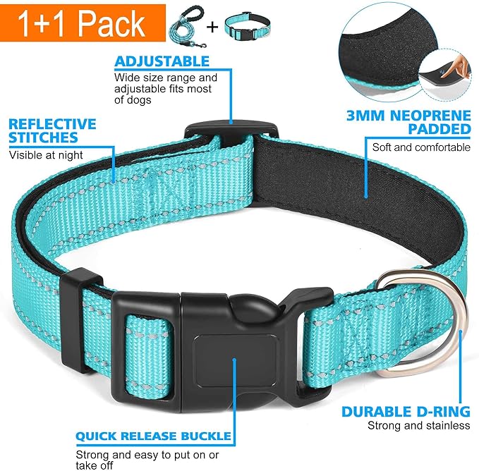 Reflective Dog Collar Padded with Soft Neoprene Breathable Adjustable Nylon Dog Collars for Small Medium Large Dogs (Collar+Leash L Neck 19"-23.5", Blue)