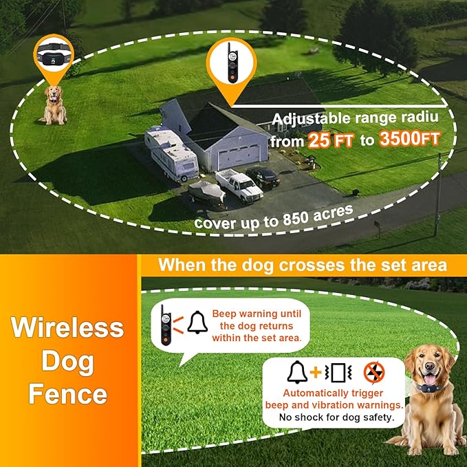 MIMOFPET Wireless Dog Fence System with Training Remote - Up to 3500ft Adjustable Electric Fence,Waterproof Training Collar Rechargeable,Pet Containment System for Large Medium Dogs