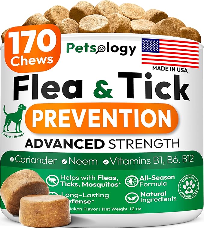 Flea and Tick Prevention for Dogs Pills - Natural Dog Flea & Tick Control - 170 Soft Chewables - Oral Defense Treatment for Dogs Supplement - Vet Formulated Chews - All Breeds & Ages - Made in USA