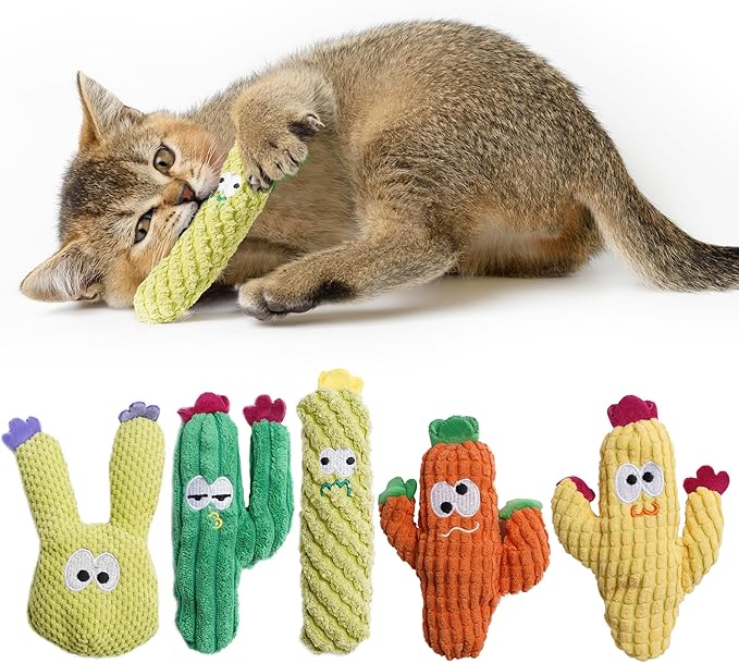 Cat Toys for Indoor Cats, 100% Pure Organic Catnip-Filled Toys Without Cotton, Interactive Cactus Kitten Toy for Anxiety Relief, Soft Cute Teething &Chew Toys, 5 Pack