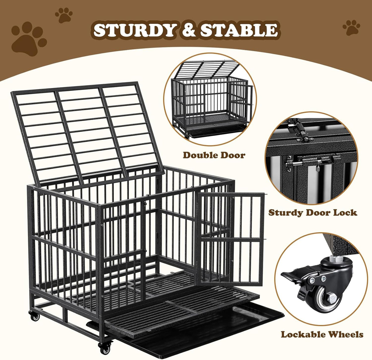 Dog Crate with Removable Tray, 37/42/46 Inch Indestructible and Escape Proof Steel Dog Cage Kennel for High Anxiety Dogs, Heavy Duty Dog Crate with Wheels, Double Door, Extra Large XL XXL