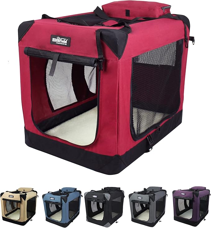 EliteField 3-Door Folding Soft Dog Crate with Carrying Bag and Fleece Bed (2 Year Warranty), Indoor & Outdoor Pet Home (36" L x 24" W x 28" H, Maroon)