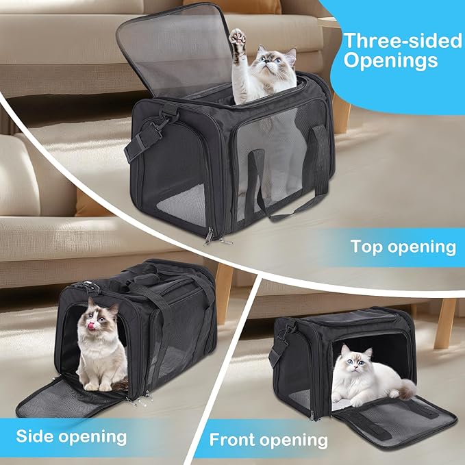 Cat Carrier Soft, Collapsible Cat Bag Carrier, TSA Airline Approved Pet Carrier for Cats with Removable Mat, Breathable Pet Travel Carrier for Small Medium Adult Pussy & Small Dogs (Black)