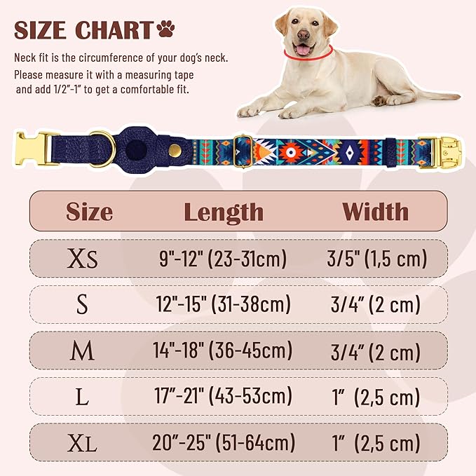AirTag Dog Collar for Small Medium Large Breed - Adjustable Cute Pattern Dog Collar with Airtag Holder - Soft Leather Tracker GPS Apple Air Tag Pet Collars (Medium, 14"-18" Neck Fit, Navajo)
