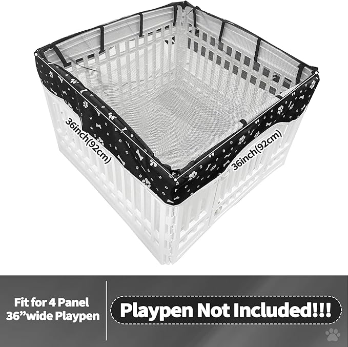 PJYuCien Dog Playpen Mesh Top Cover, Fits 36 Inch 4 Panels Regular Square Plastic Exercise Pet Pen, Adhesive Tape Connections, Black paw (Note: Cover Only, Fence Not Included)