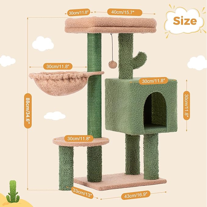 Cactus Cat Tree Small Cat Tower with 32 Inches Scratching Post with Cats Condo House, Cozy Hammock and Removable Top Bed and Dangling Ball for Indoor Cats-34” Green