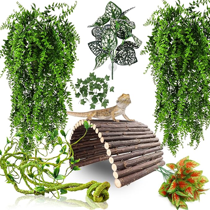 Bearded Dragon Tank Accessories, Reptile Plants Bridge Jungle Climber Vines for Snakes Bearded Dragon Chameleon Gecko Lizard