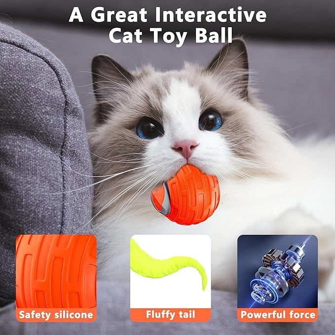 Cat Toys,Interactive Cat Toys Ball for Bored Indoor Cat,Automatic Rolling,Drop Resistant and Obstacle Avoidance,2 Modes Adjustment,Fluffy Tail and USB Type-C Rechargeable（Orange）