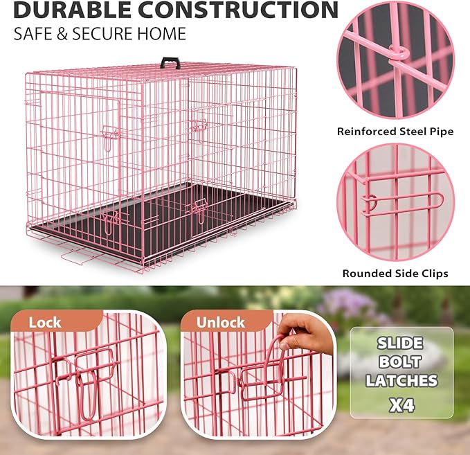 BestPet 30 Inch Dog Crates for Small Medium Dogs Folding Metal Wire Crates Dog Kennels Outdoor and Indoor Pet Dog Cage Crate with Double-Door,Divider Panel, Removable Tray and Handle,Pink