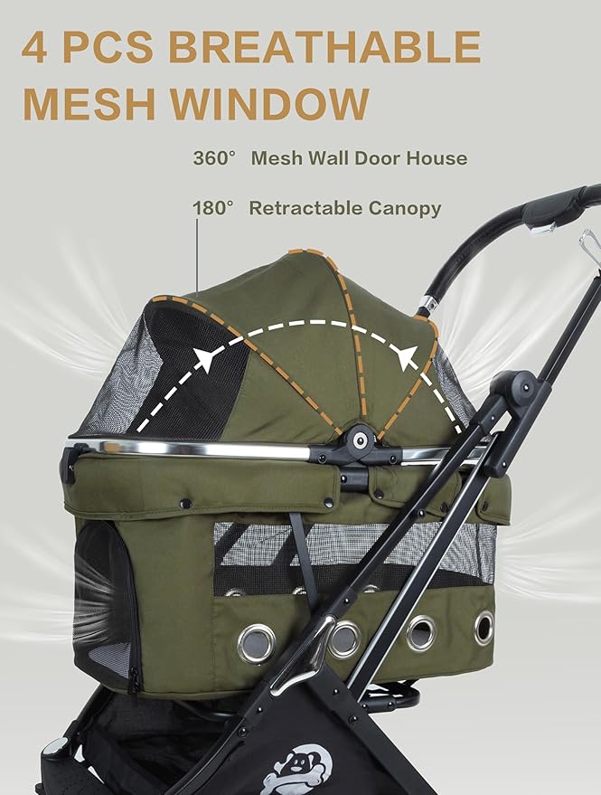 JK Pawadore 4 Wheels Pet Stroller Best Lightweight Foldable Portable Secure Easy Lock NO-Zip 180 ̊ Canopy Sun Shades Waterproof for Small/Medium Dogs 33lbs with Large Storage Basket (Army Green)
