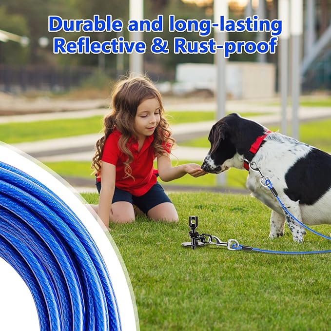 Heavy Duty Dog Tie Out Cable and Stake,30FT Rust Proof Dog Tether Leads for Yard,360°Swivel Spiral Dogs Stake&Chain Up to 200 lbs, Ground Anchor for Outdoor Beach Camping