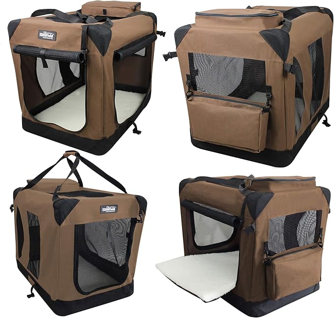 EliteField 3-Door Folding Soft Dog Crate with Carrying Bag and Fleece Bed (2 Year Warranty), Indoor & Outdoor Pet Home (42" L x 28" W x 32" H, Brown)