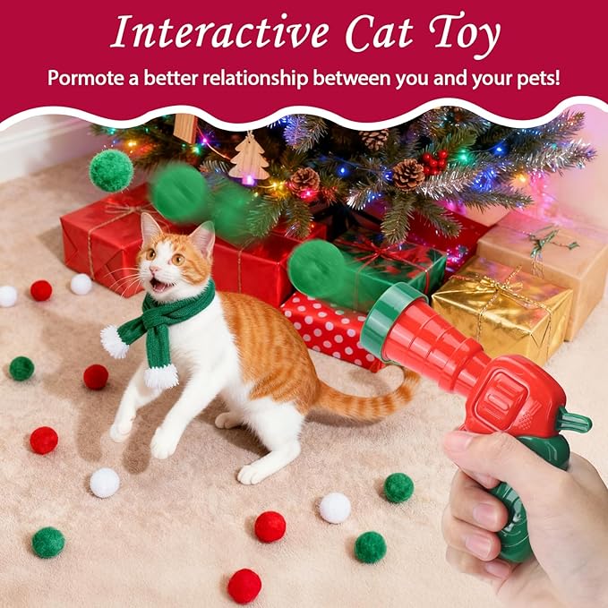 Mity rain Cat Ball Pit with Balls Included, Interactive Toy for Indoor Bored Cats with Ball Launcher, Jingle and Pom Pom Balls, Christmas Cat Toys Enrichment, Kitten Toys for Self Playing Red