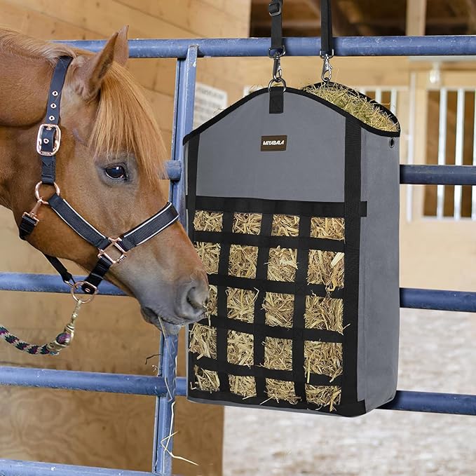 Hay Bags for Horses,3 Packs Slow Feed Hay Bags for Goats,Sheep,Donkey,Premium Oxford Hay Feed Bags with Front Hay Nets Design, Easy to Fill and Hang with Large Opening (1 Black+2Grey)