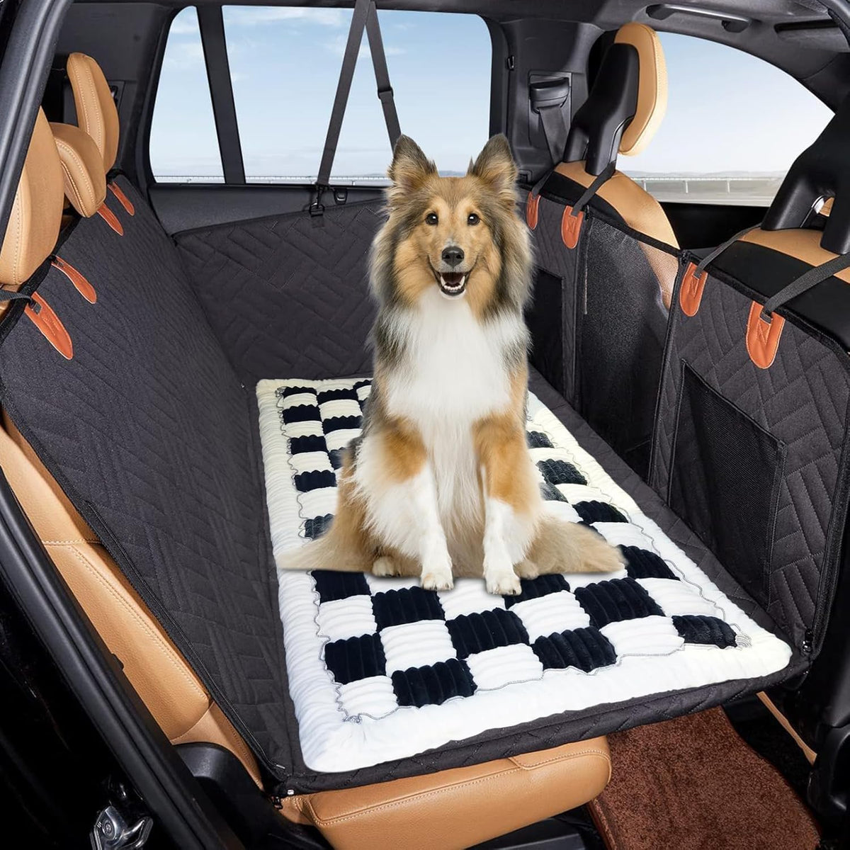 VClife Car Back Seat Cover for Dog, Non Slip Pet Bed Mat Washable Backseat Extender Cushion, Furry Dog Cat Travel Blanket Bed Modern White Black Plaid Bed, 51"×23.6"