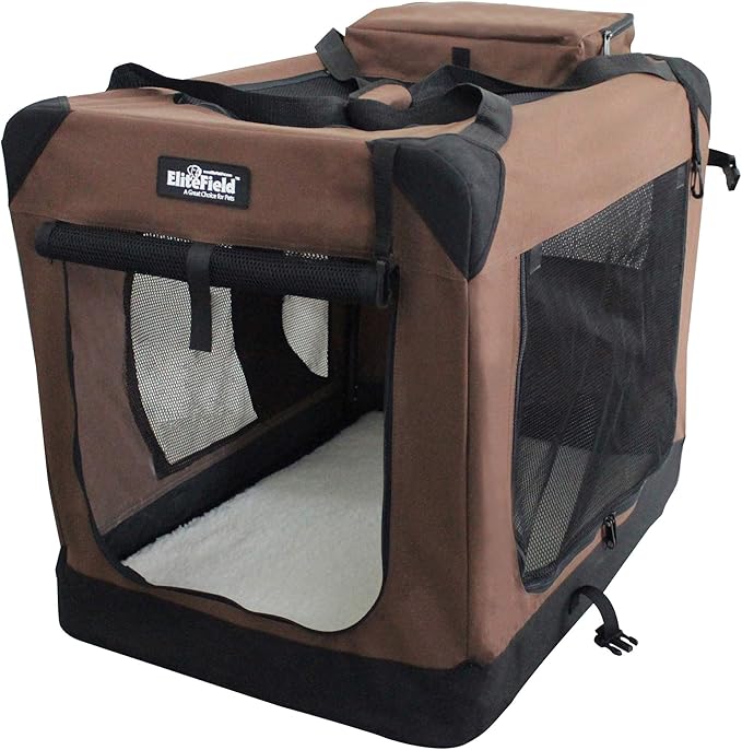 EliteField 3-Door Folding Soft Dog Crate with Carrying Bag and Fleece Bed (2 Year Warranty), Indoor & Outdoor Pet Home (42" L x 28" W x 32" H, Brown)