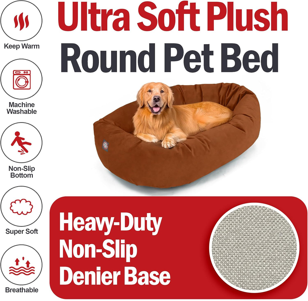 Majestic Pet 40 Inch Suede Shredded Memory Foam Mix Calming Large Dog Bed Washable 40 x 29 x 9 (Inch) - Cozy Soft Round Donut Dog Bed with Spine for Head Support - Pet Bed Rust