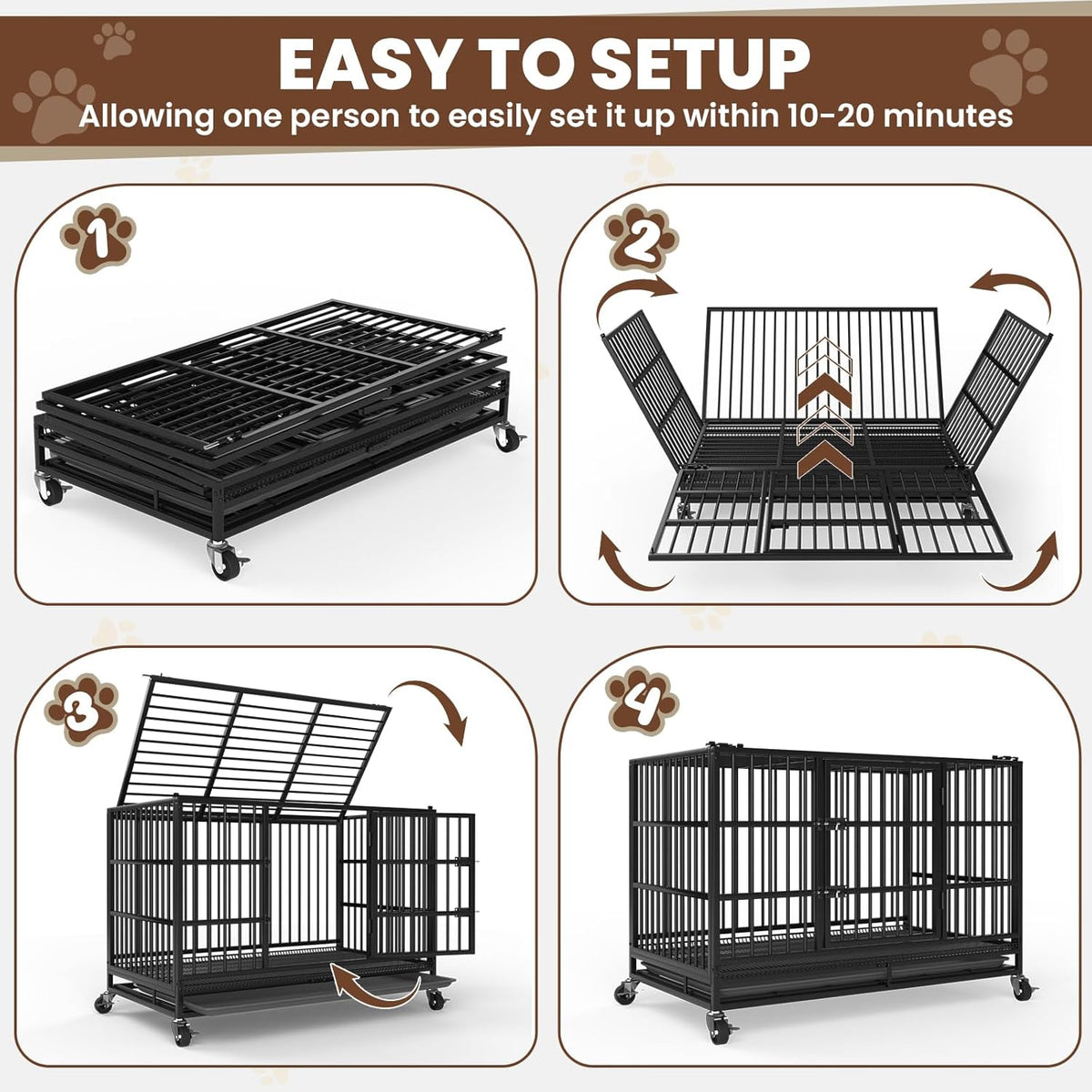 LEVELEVE 54 Inch Heavy Duty Indestructible Dog Crates for Large Dogs，Escape Proof Dog Cage Large Dogs with Lockable Wheels，Dog Kennel Furniture Indoor&Outside