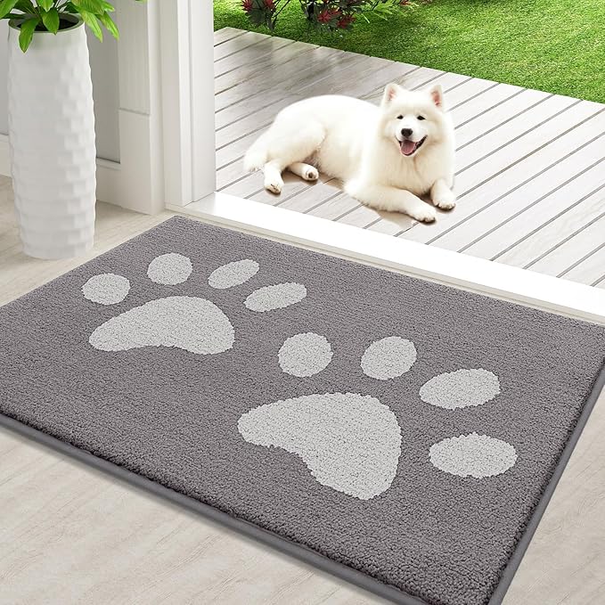 Buganda Dog Door Mat for Muddy Paws, Absorbent Dirt Trapper Washable Indoor Doormats, Non Slip Low-Profile Mud Mat for Dogs, Front Entrance Doormat for Inside Floor (36x24 Inches, Light Grey)