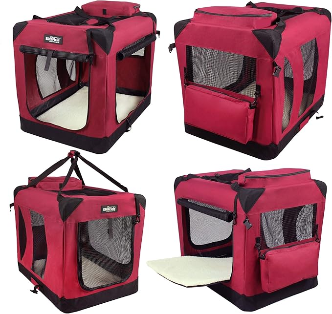 EliteField 3-Door Folding Soft Dog Crate with Carrying Bag and Fleece Bed (2 Year Warranty), Indoor & Outdoor Pet Home (36" L x 24" W x 28" H, Maroon)